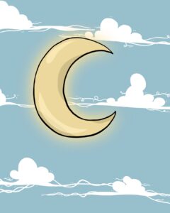 illustrated moon on a light blue background with white clouds made by Vega Reimer