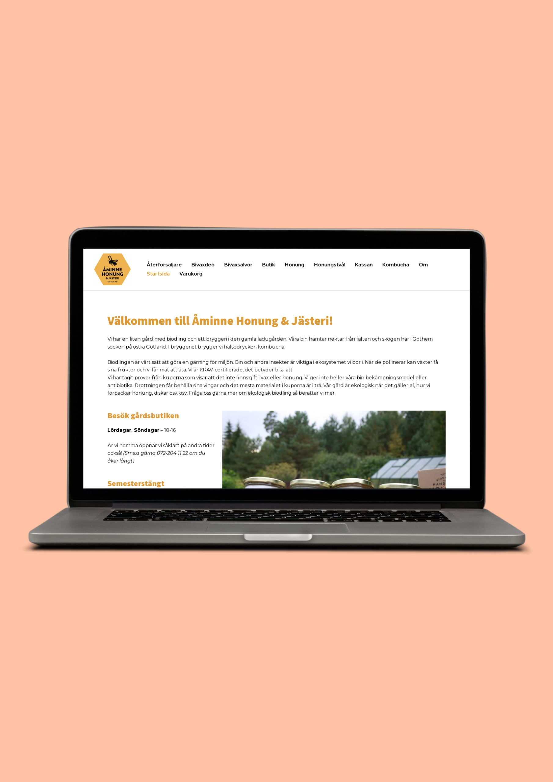 laptop mockup on a peach coloured background with a website design for Amine Honung and Jästeri.