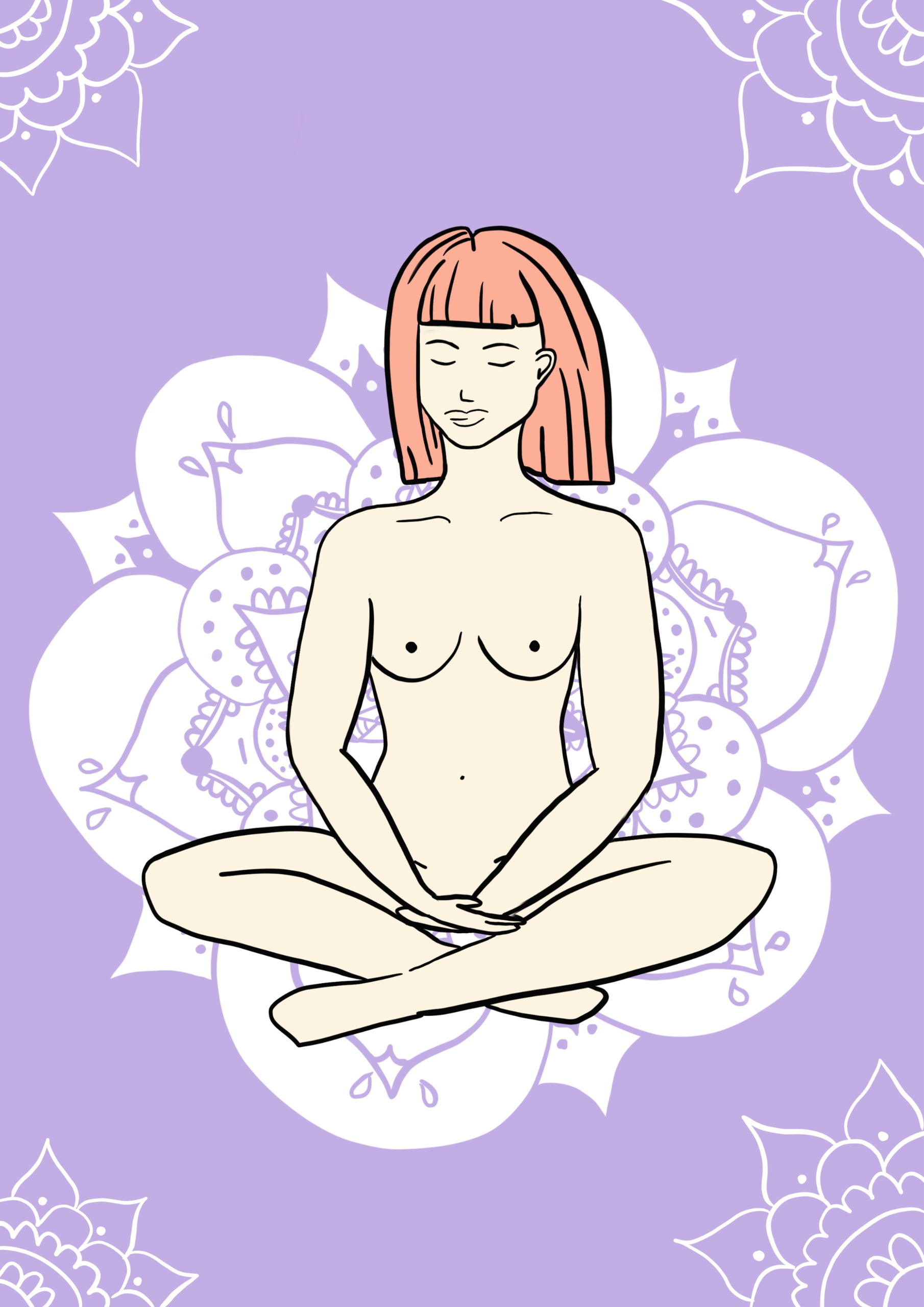 illustration of a woman with red hair and bangs sitting with crossed legs in front of a mandala, on a pastel purple colored background.